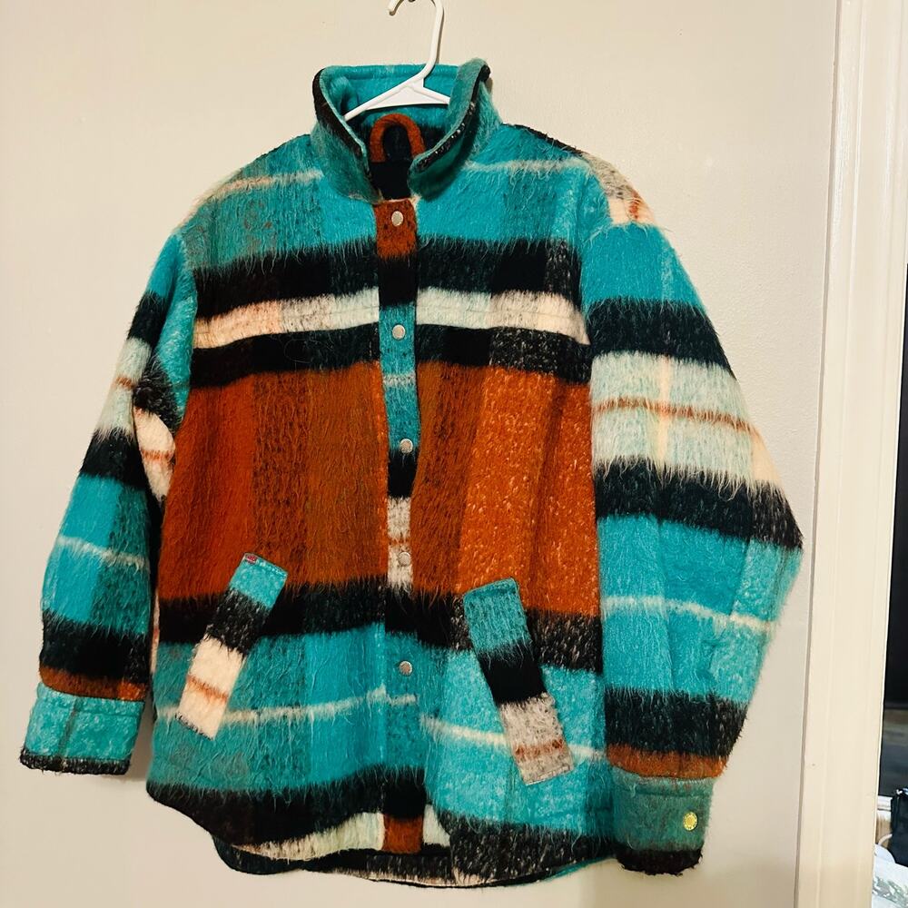 BDG Women's Brushed Fuzzy Wool Blend Oversized Teal Plaid Jacket Size Small - Picture 13 of 14